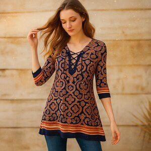 Saint Tropez West Blue Orange Boho Print Lace Up 3/4 Sleeve Tunic Top XS